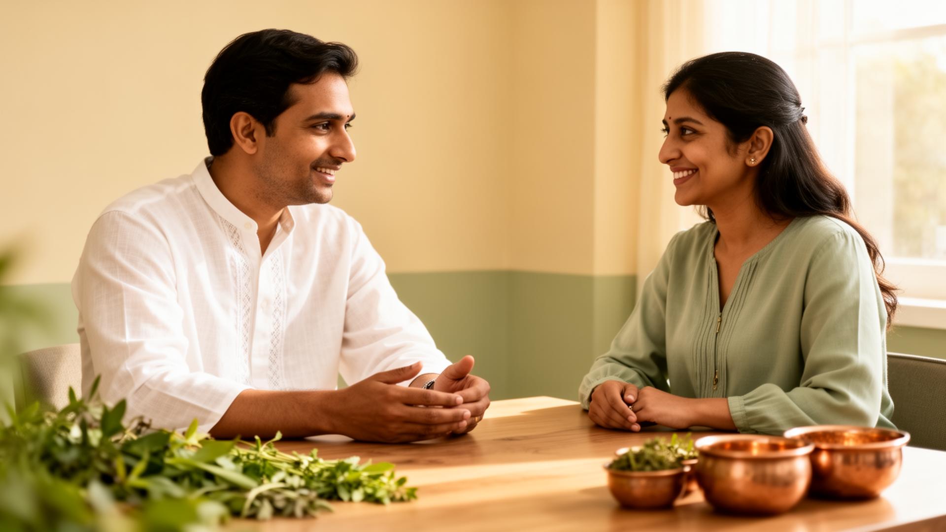 Verified Ayurveda doctor consulting an Indian patient in a calm, modern clinic